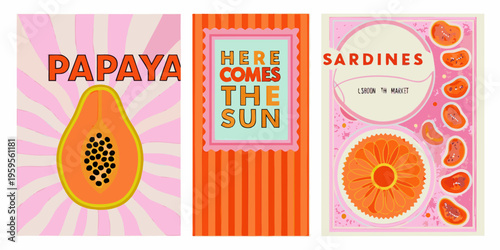 Vintage style food illustrations featuring papaya sun and sardines