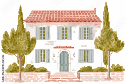 Charming watercolor illustration of a classic mediterranean style villa