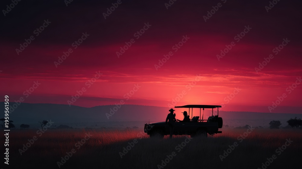 Fototapeta premium Silhouettes of safari vehicle and people against a vibrant African sunset sky. Two figures stand beside a safari jeep as the sun dips below horizon, painting the sky in fiery hues of red and orange