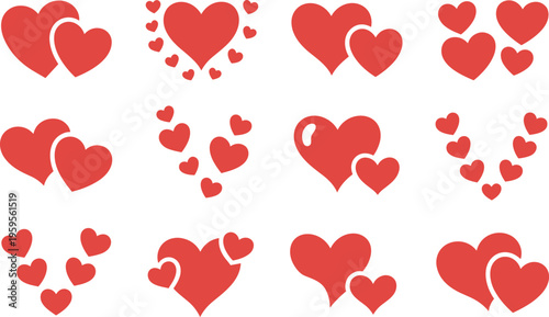 Collection of red love hearts floating scattered on white background for romance Valentine's Day celebration