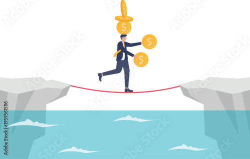 Businessman balancing on a tightrope with gold coins over a cliff