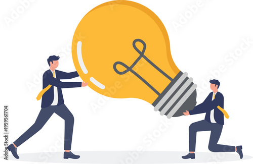 Two businessmen trying to fit a giant lightbulb together