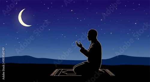 Man praying at night under starry sky with crescent moon serene landscape silhouette