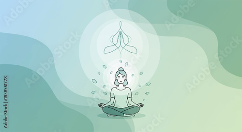 Person meditating in lotus position with glowing aura and yoga symbol surrounded by abstract green background