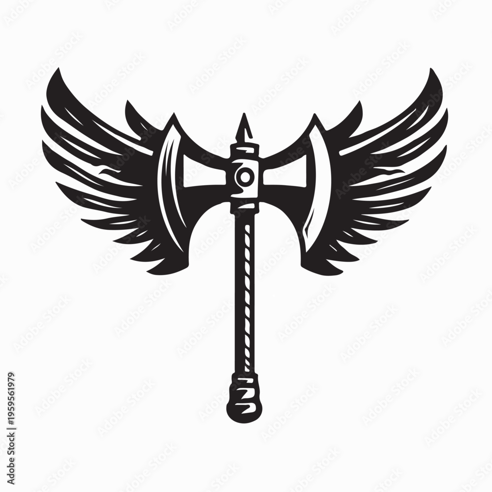 Fototapeta premium Winged Hatchet Logo Design Flying Axe Vector Symbol for Woodcutter