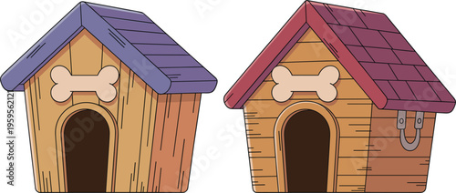 Dog house vector illustration set, pet shelter kennel, cute cartoon wooden animal home