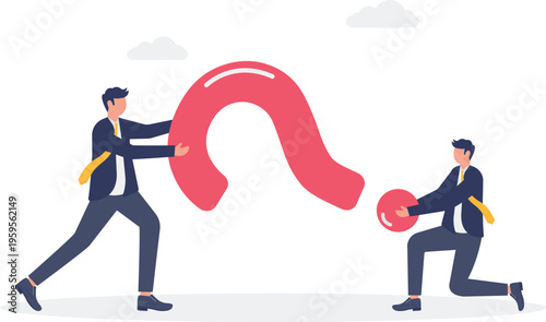 Two professionals trying to solve a giant question mark puzzle