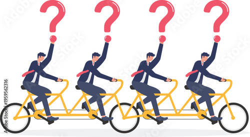 Team of four businessmen riding a long tandem bicycle