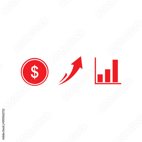Bright red symbols representing currency exchange, a curved soaring arrow indicating positive movement, and bar charts showing.