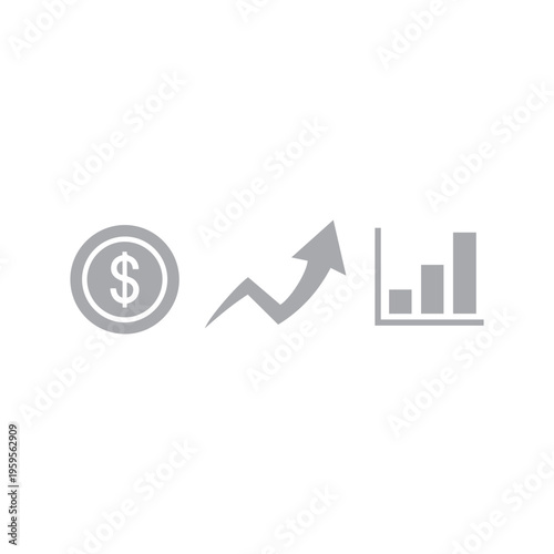 Gray icons depicting currency, upward trending line graph, and bar chart suggest financial growth and investment success.