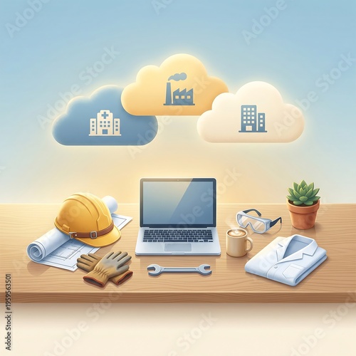 Remote work setup with cloud computing and real estate investment concept