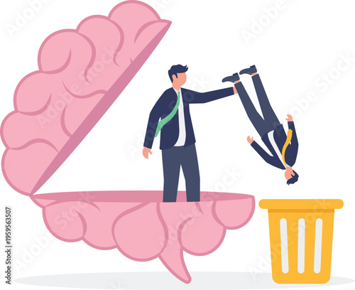 Businessman throwing a lazy employee into a trash bin inside a brain