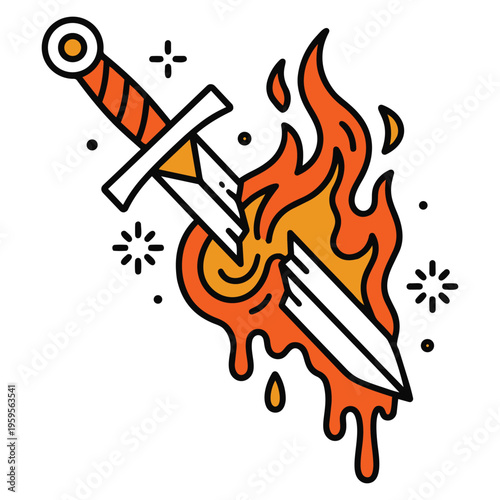 Flaming dagger with orange handle.