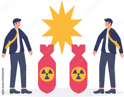 Two professionals with nuclear bombs exploding in a conflict