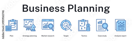 Business planning process from initial strategy to market analysis and tactical execution reports
