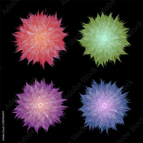 Set of four vibrant abstract floral shapes in red, green, purple, and blue on black background, perfect for modern design themes.