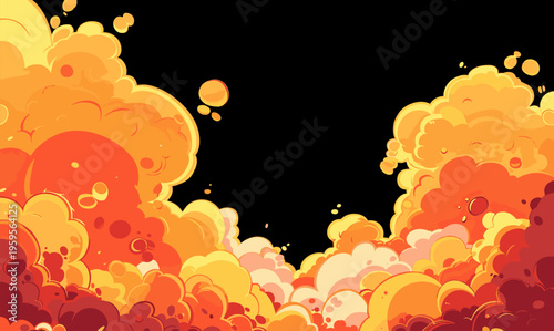 Colorful cartoon-style explosion clouds in shades of red, orange, and yellow burst against black background. Rounded bubbly shapes with glowing highlights create dynamic, energetic and playful
