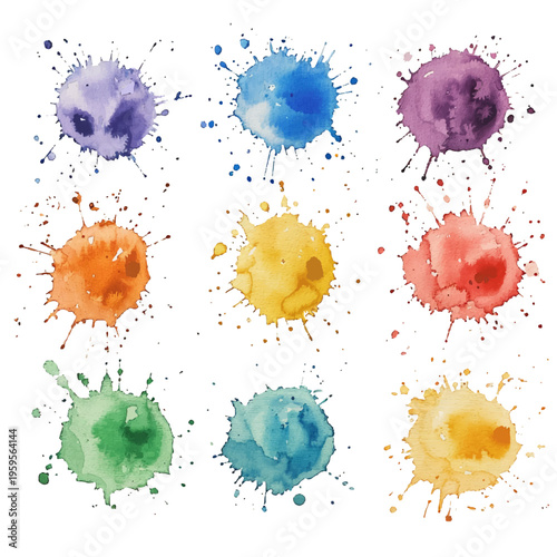 Set of nine watercolor splatter stains in various colors, ideal for backgrounds, design accents, or creative art and craft projects.