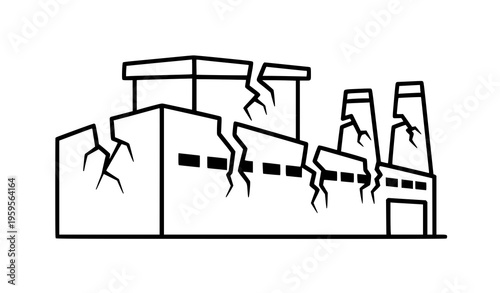 Earthquake damaged industrial building silhouette vector icon for warning and education