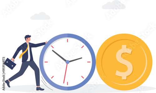 Professional man pushing a giant clock towards a gold coin