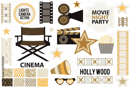 A collection of movie themed stickers featuring film reels and cinema elements