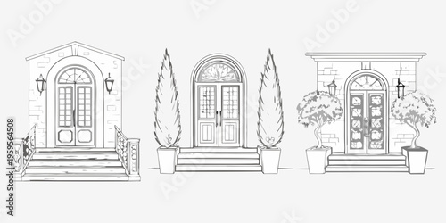 Elegant arched doorways with flanking trees and architectural details