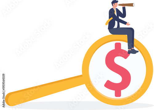 Businessman sitting on a giant magnifying glass looking for money