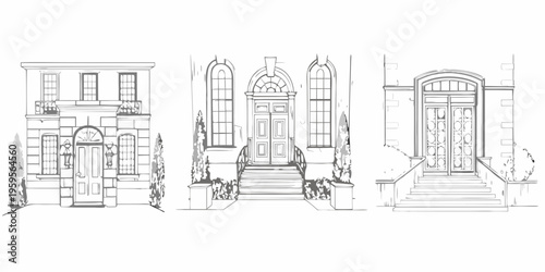 Architectural sketch of three detailed building facades in monochrome style