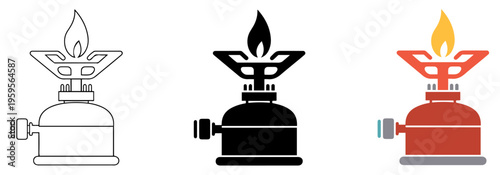 portable gas stove icon set camping cooking