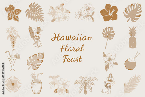 A collection of hand drawn tropical flowers and fruits in beige tones