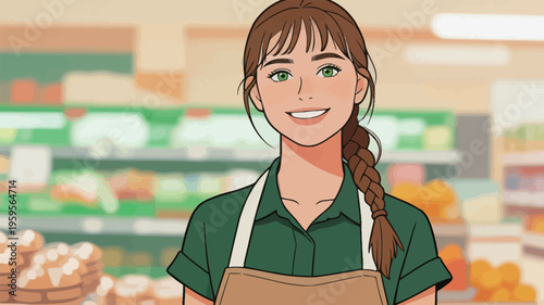 Woman working in a grocery store with a friendly smile while standing in front of various food items during daytime