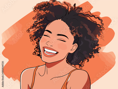 Woman with curly hair smiles brightly in an illustration with orange background during daytime