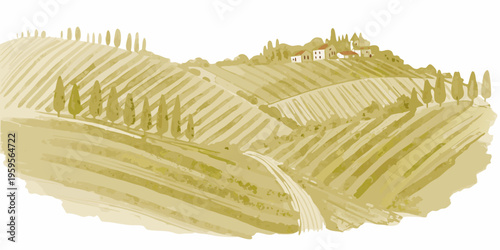 Rolling hills of tuscany with a quaint village and cypress trees