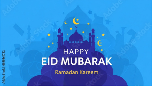 Eid Mubarak celebration with mosque and crescent moon in night