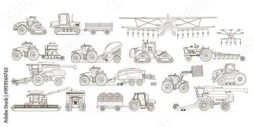 Agricultural Machines: An illustration showcasing a variety of agricultural machines essential for farming, with each meticulously detailed to highlight their function and design.