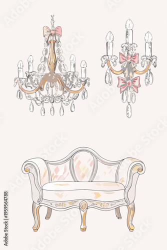 Elegant sketched chandeliers and a vintage style sofa illustration