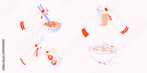 Hands presenting various asian foods including sushi and noodle soup