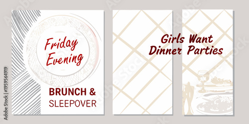 Three vertical banners advertise events friday evening brunch and girls night