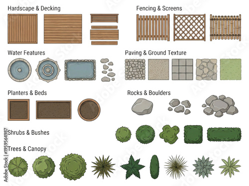 Stylized vector outline icons for architectural floor plans, detailing various household furniture and appliances for interior design and space planning blueprints