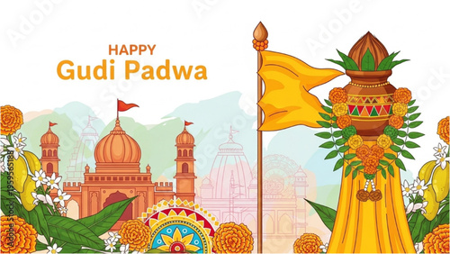 Vibrant Gudi Padwa Celebration with Temple Architecture and Floral Decorations