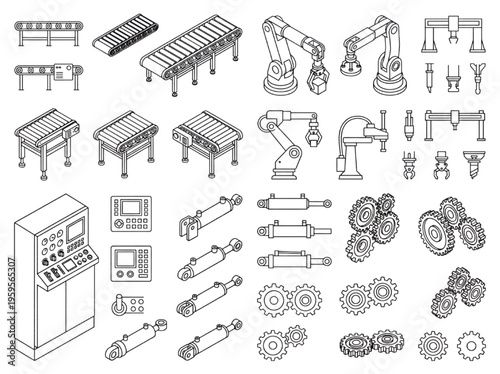 Isometric Vector Set of Industrial Automation Components and Factory Production Line Elements - Robotics, Conveyors, Gears, and Control Panels for Modern Manufacturing Design