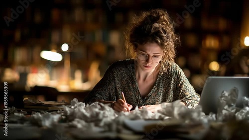A focused woman with wavy hair and glasses writes at a cluttered desk in a dim study; crumpled papers surround a glowing laptop while warm library light softens the background