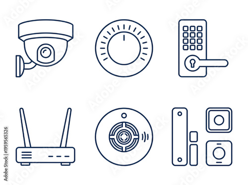 Modern Home Security and Smart Automation Line Icons Set Featuring CCTV Camera, Digital Door Lock, WiFi Router, and IoT Devices for Enhanced Living and Connected Spaces