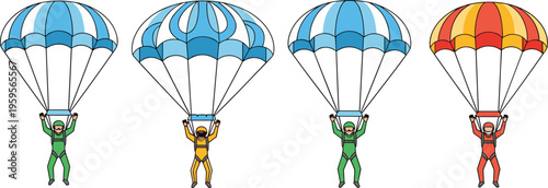 Parachute skydiving characters set with people flying under parachutes colorful extreme sport vector illustration adventure collection isolated design
