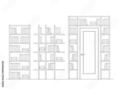Vector line art illustration of elegant bookshelves and book storage units, showcasing modern minimalist furniture designs for home libraries and interior decor concepts