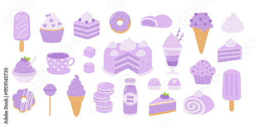 Ube dessert set. Cakes, ice cream, donut, cupcake, popsicle, milk drink. Cute purple eats on white background. Designed for menu, packaging, sticker, branding, sweet food concept