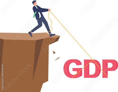 Businessman pulling GDP text with a rope from a dangerous cliff