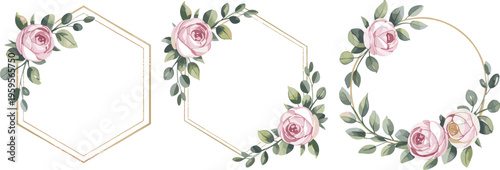 Elegant gold geometric floral frame set with pink watercolor roses and eucalyptus leaves for wedding invitations greeting cards and branding.