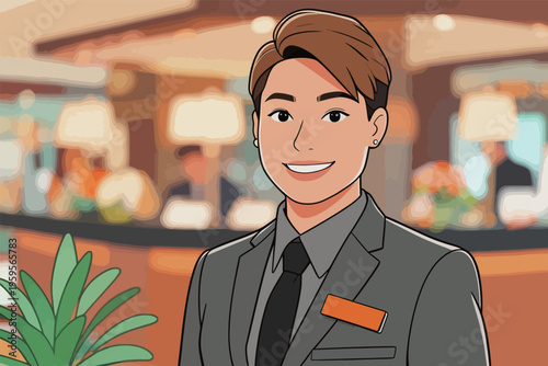 Friendly hotel staff member smiles at guests during busy check-in time at a hotel lobby in the afternoon