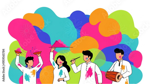 Four people play musical instruments during a colorful Holi celebration outdoors